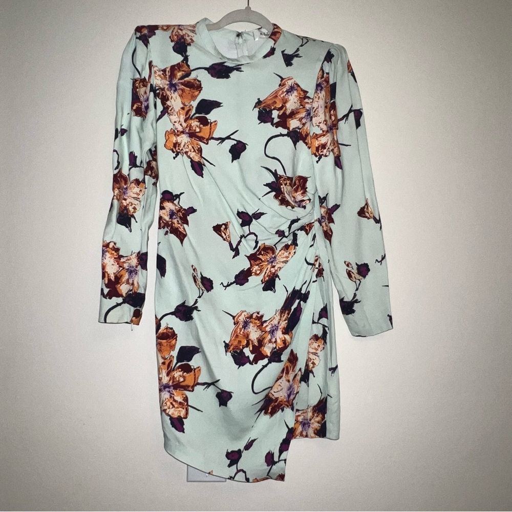 A.L.C. Mint Jane Long Sleeve Side Ruched Mini Dress Floral Green Women's Size 6 - Picture 2 of 16